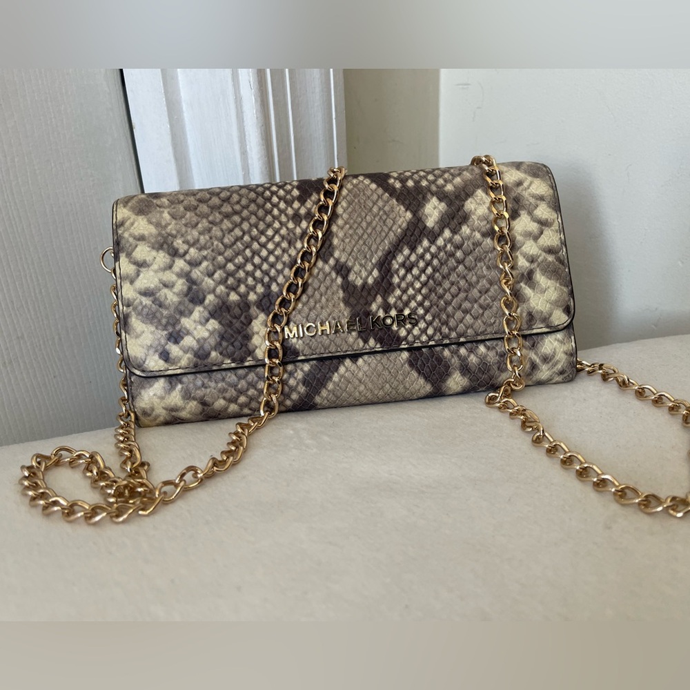 Michael Kors Snake-Print Chain Clutch in Taupe and Beige - Picture 8 of 9